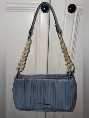 Max Studio Light Blue Pleated Shoulder Bag with Chain Accent